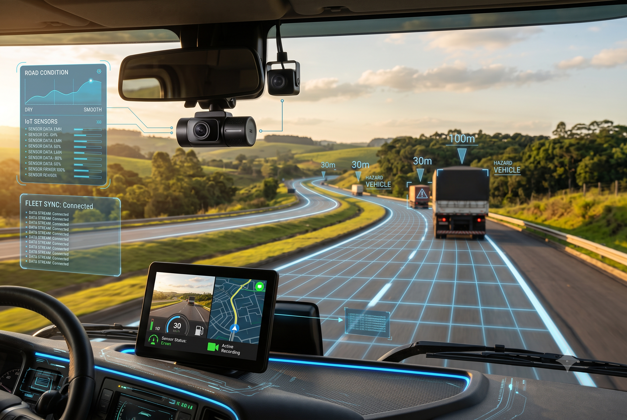Visão de dentro da cabine de um caminhão em uma rodovia, com uma dashcam no para-brisa, tela de navegação e elementos visuais de realidade aumentada exibindo dados de sensores IoT, análise de pista e detecção de veículos à frente.