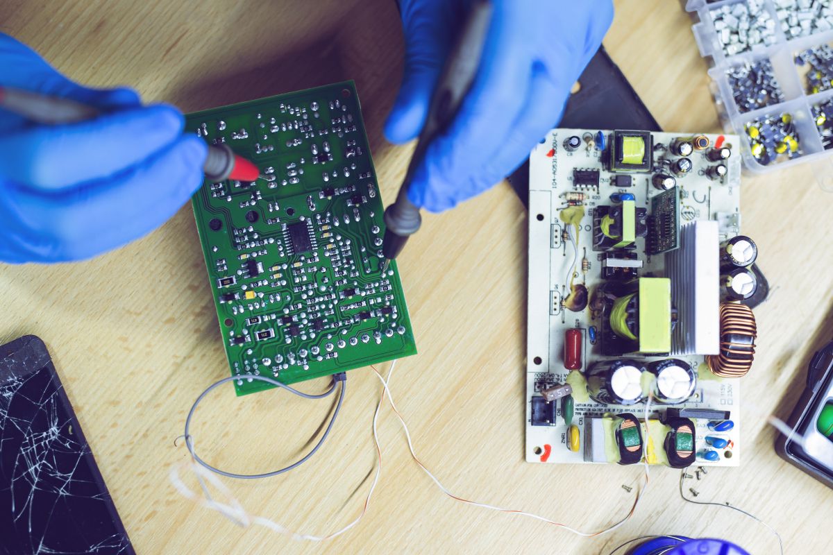 Engenheiro técnico em oficina verificando a placa de circuito de um dispositivo eletrônico