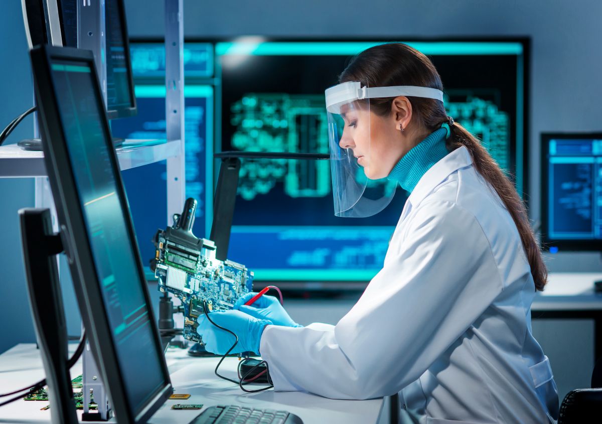 Local de trabalho de uma jovem em um moderno laboratório de fabricação de microeletrônica. Engenheira trabalha em um moderno laboratório científico com sistemas de computação e microprocessadores.