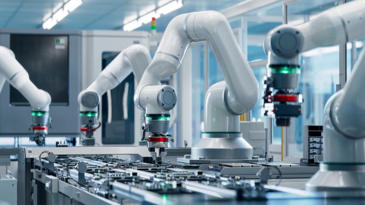 braço robótico avançado de alta precisão dentro de uma fábrica de eletrônicos, dispositivos eletrônicos, indústria de produção, instalação de componentes em placas de circuito, linha de montagem de PCB moderna e totalmente automatizada