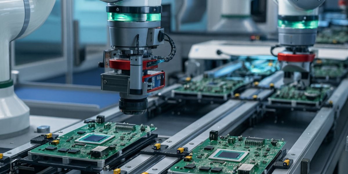 conceito de linha de produção automatizada de placas eletrônicas, com braços robóticos montando circuitos em um ambiente industrial moderno e limpo.
